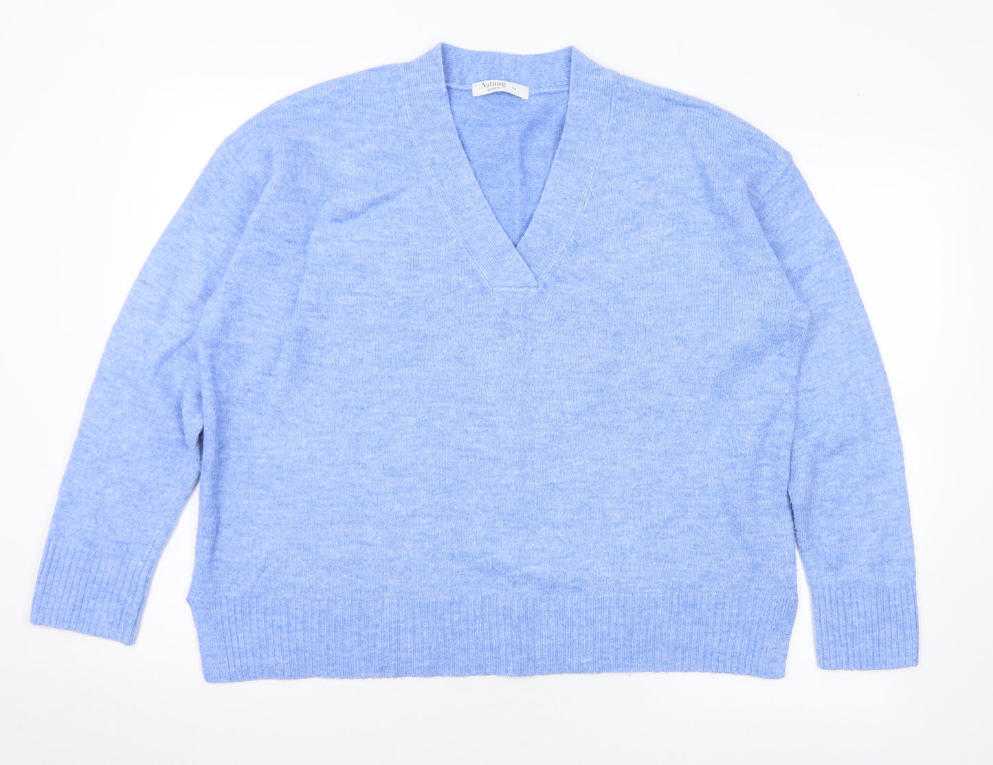 Nutmeg Womens Blue V-Neck Acrylic Pullover Jumper Size 14