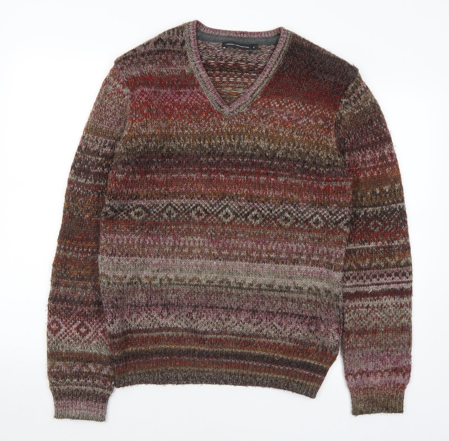 French Connection Mens Multicoloured V-Neck Geometric Acrylic Pullover Jumper Size S