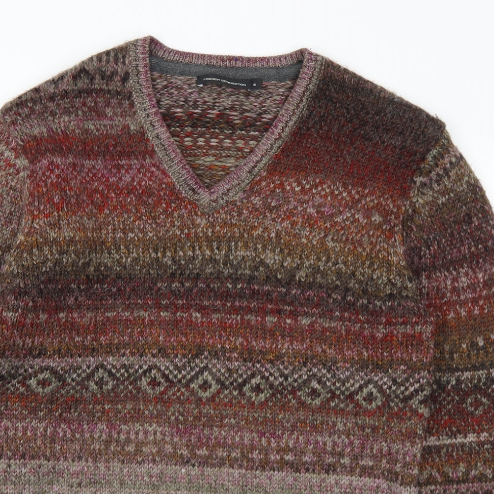 French Connection Mens Multicoloured V-Neck Geometric Acrylic Pullover Jumper Size S