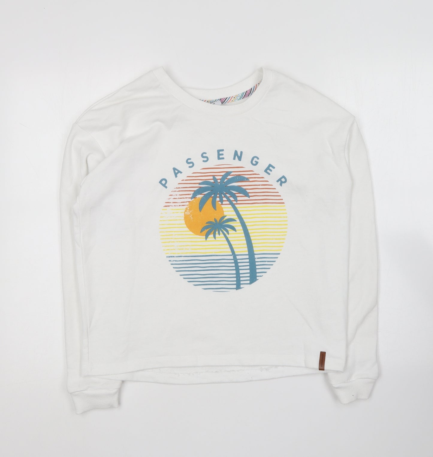Passenger Womens White Round Neck Cotton Pullover Jumper Size XS - Palm Tree