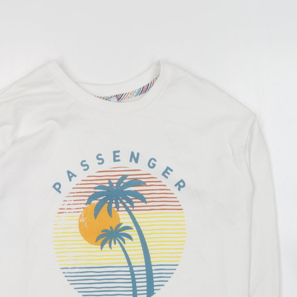 Passenger Womens White Round Neck Cotton Pullover Jumper Size XS - Palm Tree
