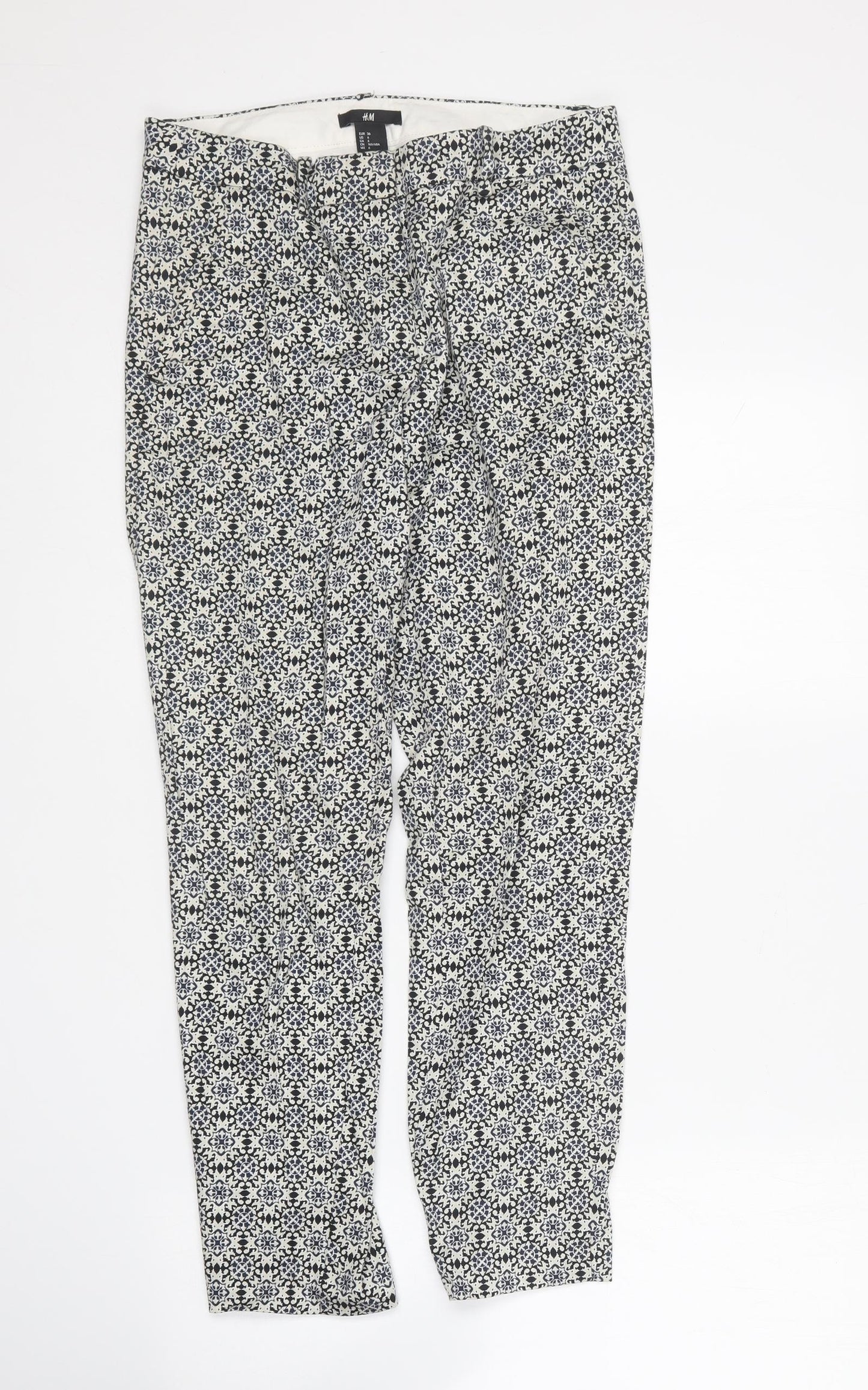 H&M Womens Multicoloured Geometric Cotton Trousers Size 6 L25 in Regular