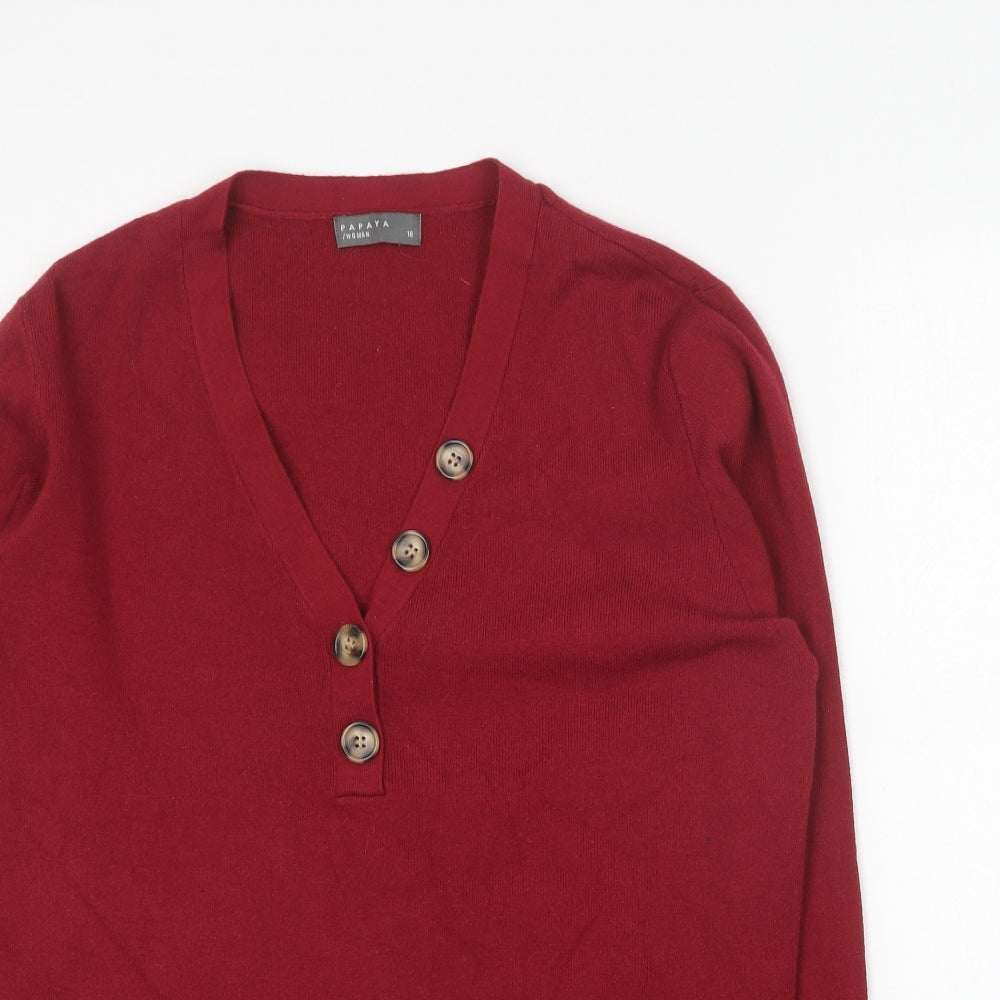 Papaya Womens Red V-Neck Viscose Pullover Jumper Size 18