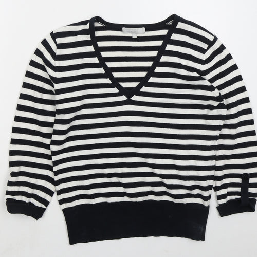 Red Herring Womens Blue V-Neck Striped Cotton Pullover Jumper Size 14