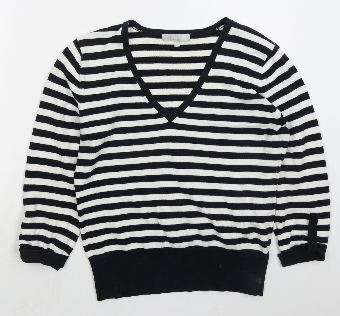 Red Herring Womens Blue V-Neck Striped Cotton Pullover Jumper Size 14
