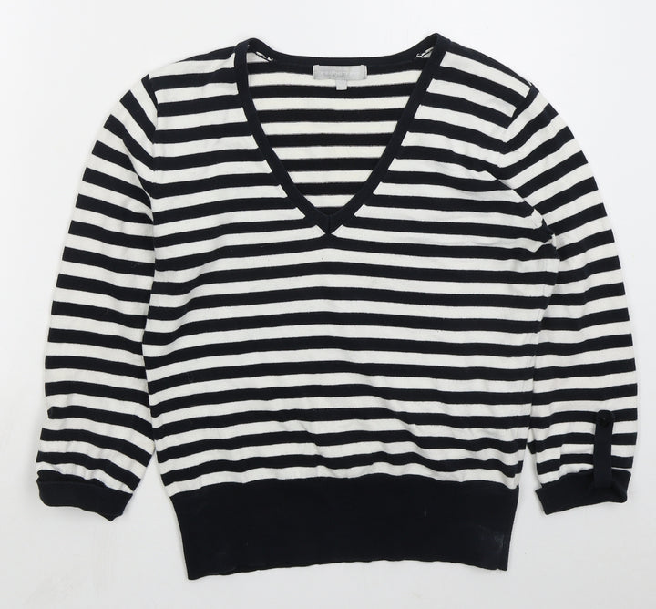 Red Herring Womens Blue V-Neck Striped Cotton Pullover Jumper Size 14