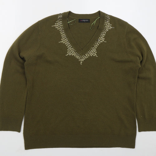Bonmarché Womens Green V-Neck Acrylic Pullover Jumper Size L