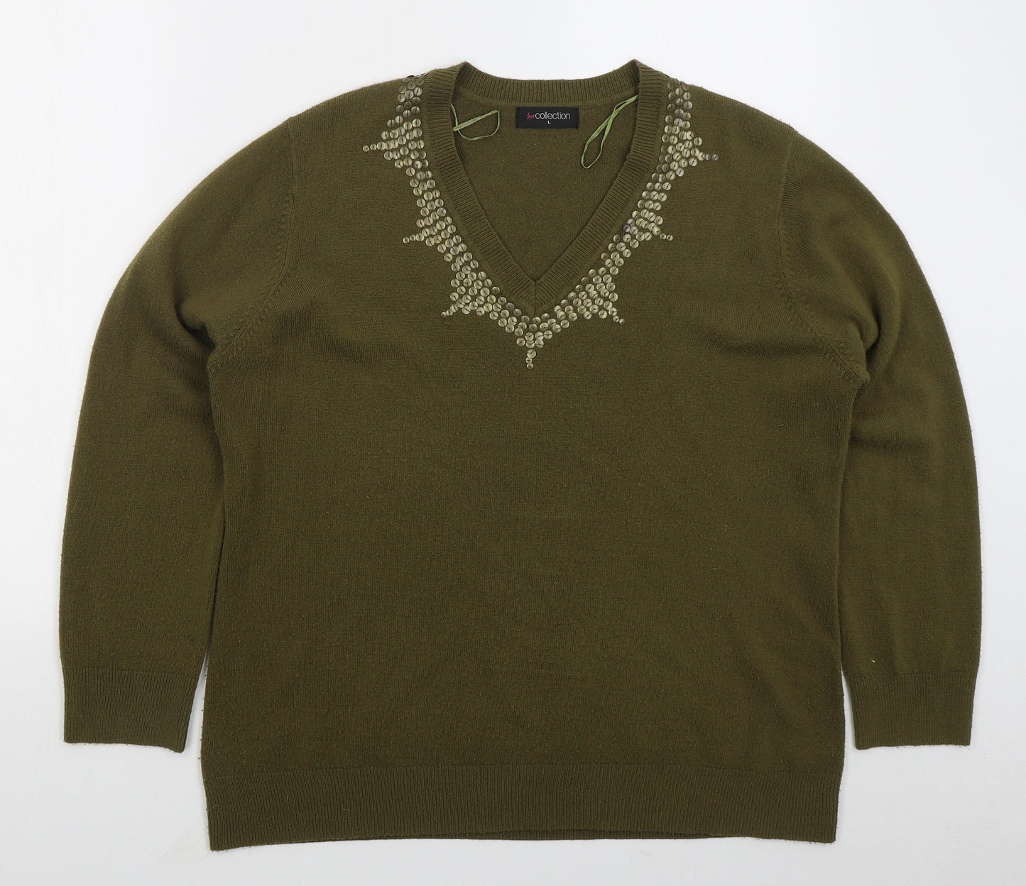 Bonmarché Womens Green V-Neck Acrylic Pullover Jumper Size L