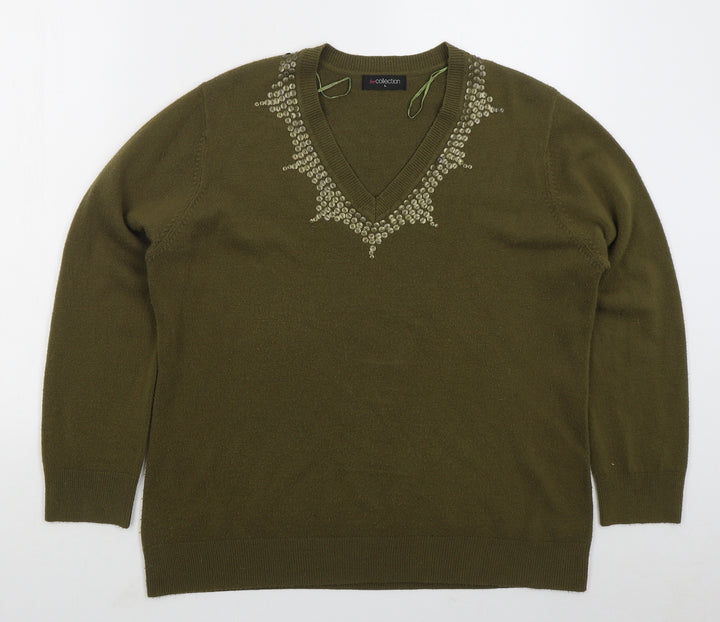 Bonmarché Womens Green V-Neck Acrylic Pullover Jumper Size L