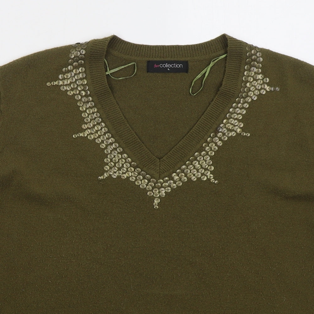 Bonmarché Womens Green V-Neck Acrylic Pullover Jumper Size L