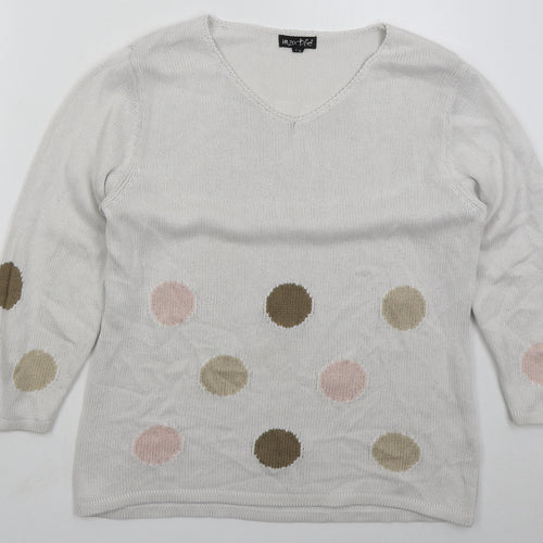 Marble Womens White V-Neck Polka Dot Cotton Pullover Jumper Size L