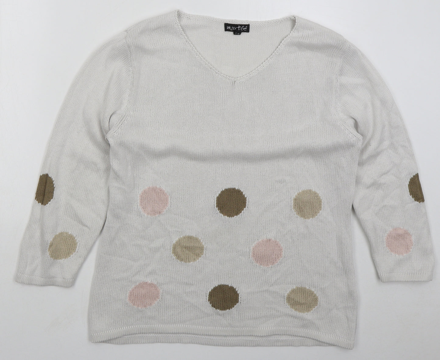 Marble Womens White V-Neck Polka Dot Cotton Pullover Jumper Size L