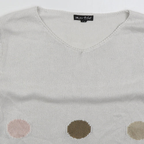 Marble Womens White V-Neck Polka Dot Cotton Pullover Jumper Size L