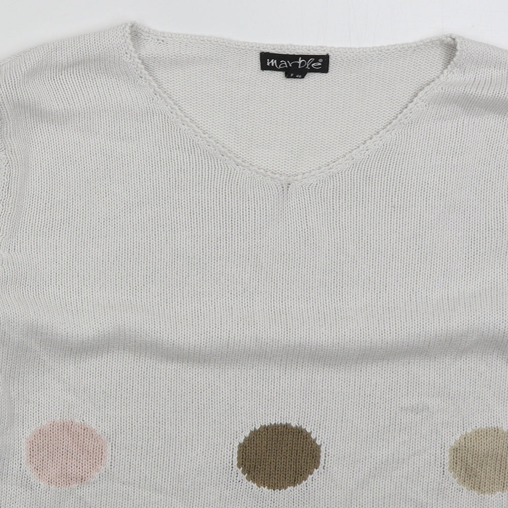 Marble Womens White V-Neck Polka Dot Cotton Pullover Jumper Size L