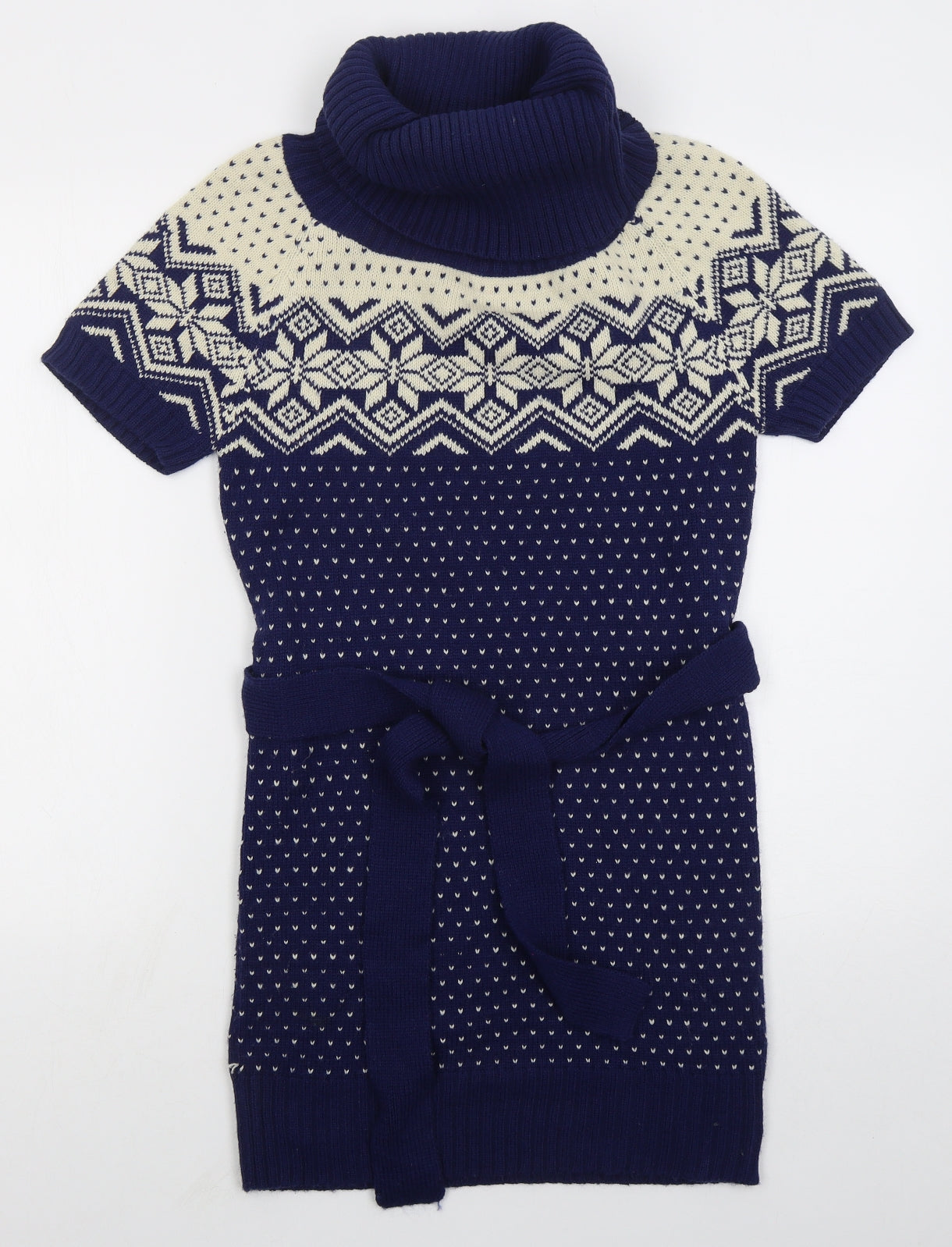 Multiwear Womens Blue Geometric Acrylic Jumper Dress Size M Roll Neck Pullover