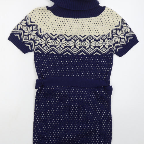 Multiwear Womens Blue Geometric Acrylic Jumper Dress Size M Roll Neck Pullover