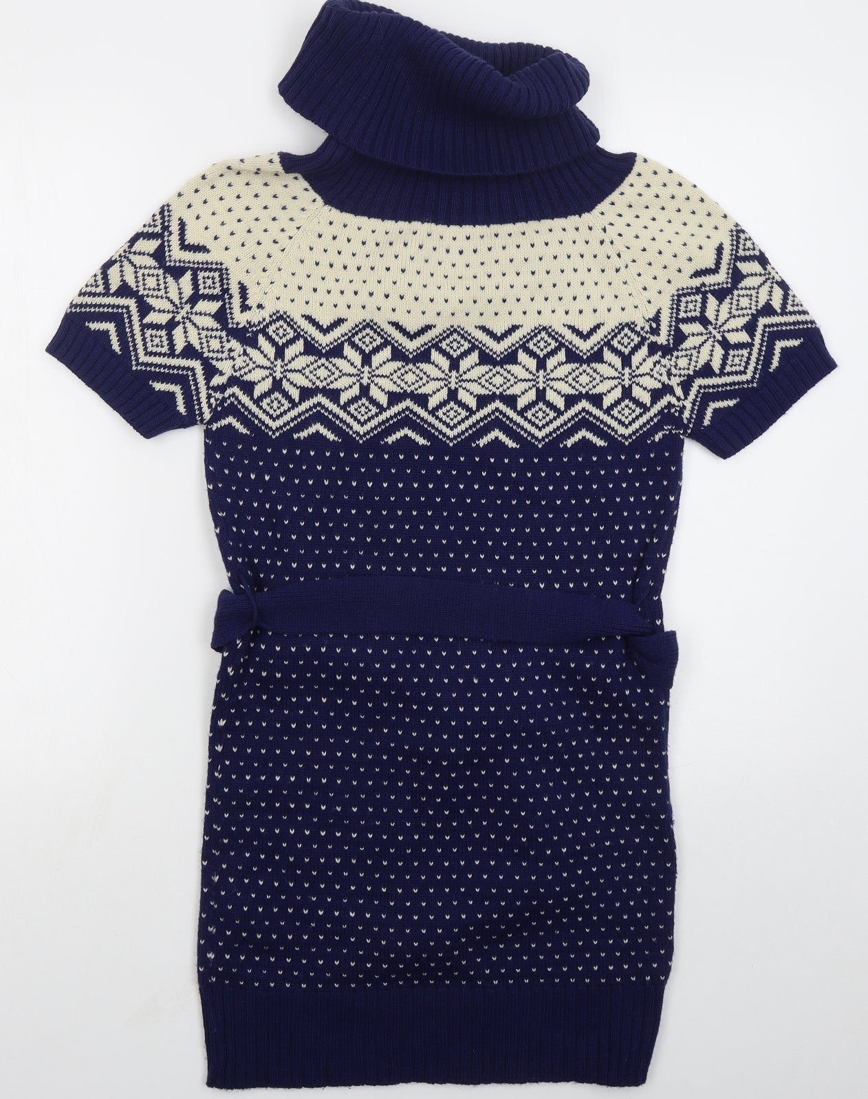 Multiwear Womens Blue Geometric Acrylic Jumper Dress Size M Roll Neck Pullover