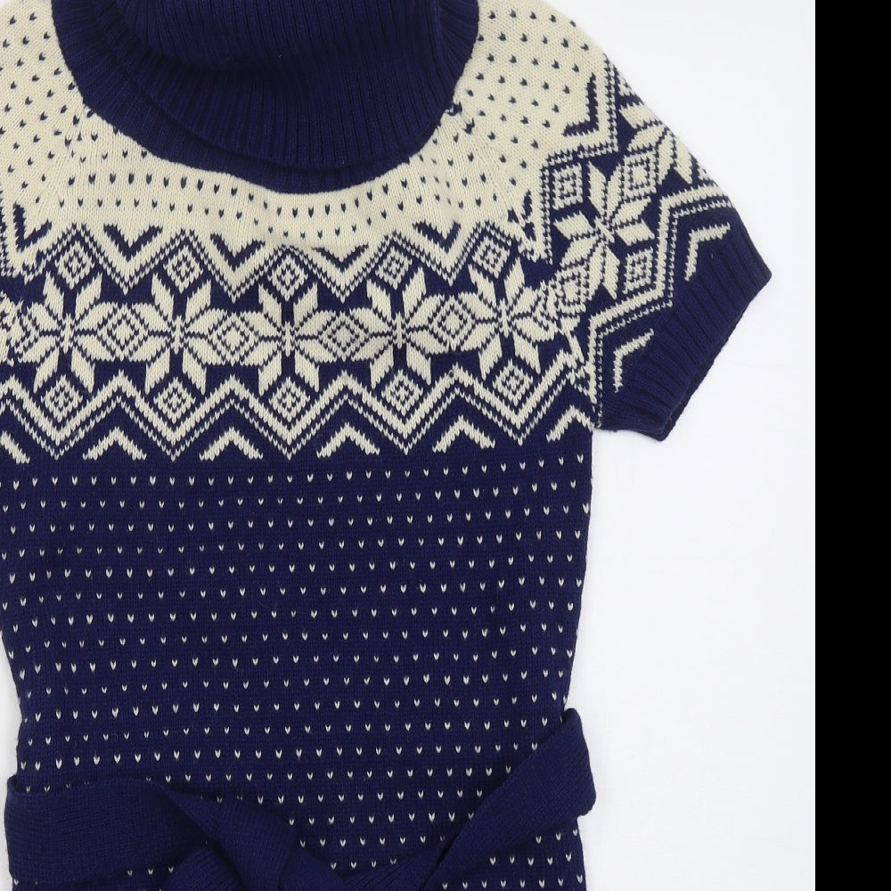 Multiwear Womens Blue Geometric Acrylic Jumper Dress Size M Roll Neck Pullover