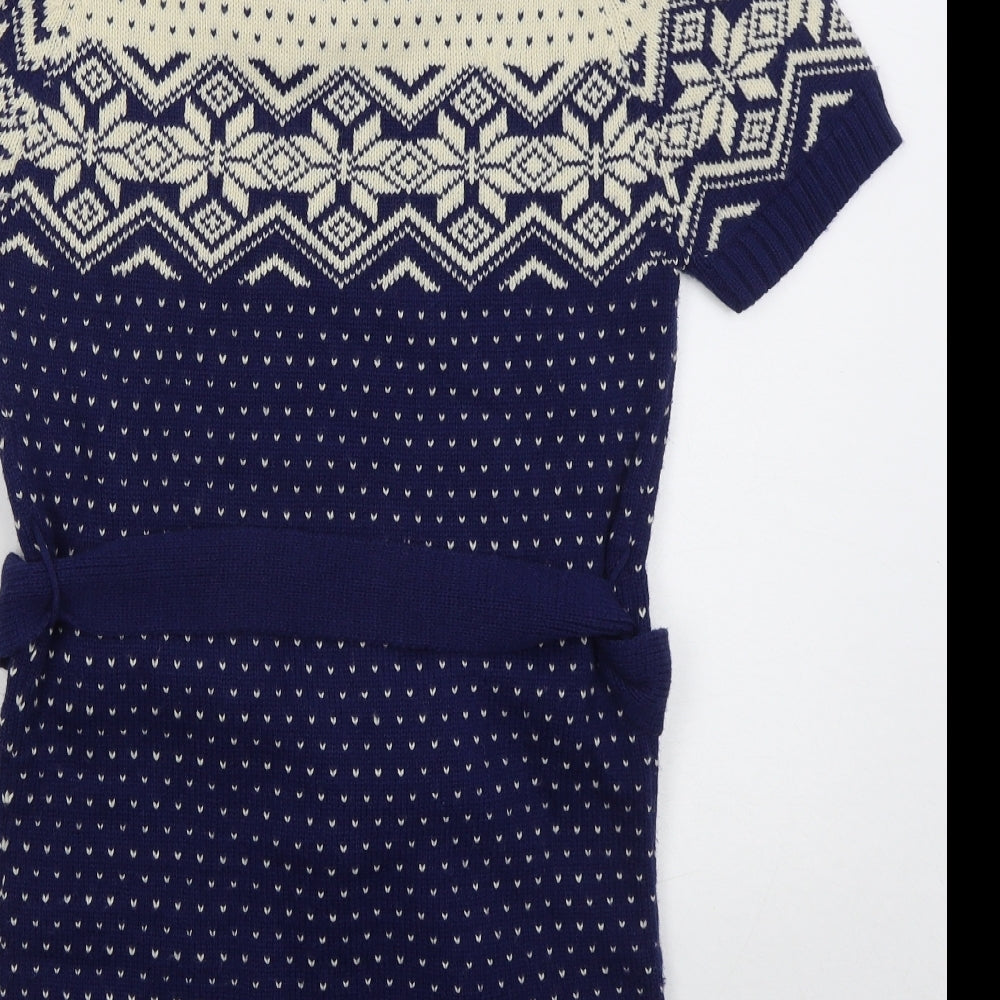 Multiwear Womens Blue Geometric Acrylic Jumper Dress Size M Roll Neck Pullover