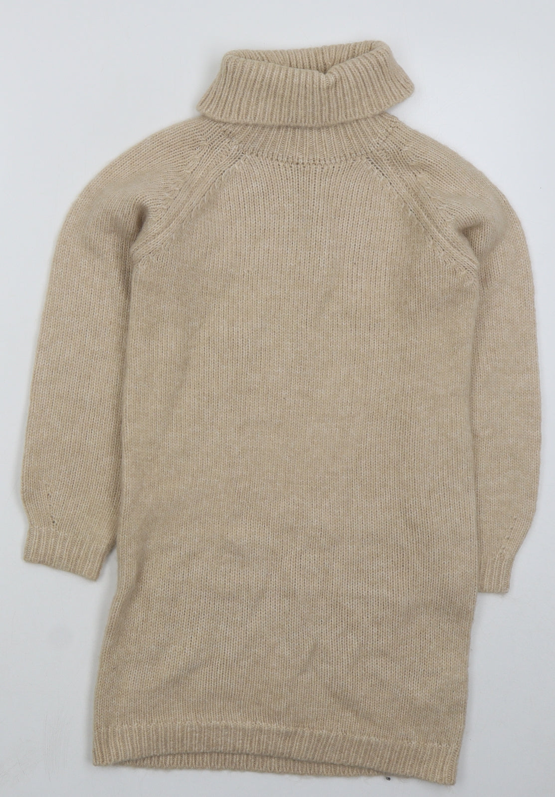 Marks and Spencer Girls Beige Acrylic Jumper Dress Size 11-12 Years Roll Neck Pullover