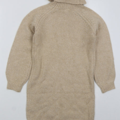 Marks and Spencer Girls Beige Acrylic Jumper Dress Size 11-12 Years Roll Neck Pullover