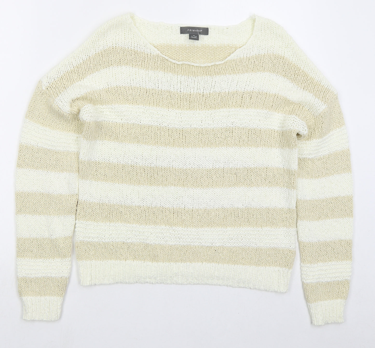 Primark Womens Beige Round Neck Striped Cotton Pullover Jumper Size 12