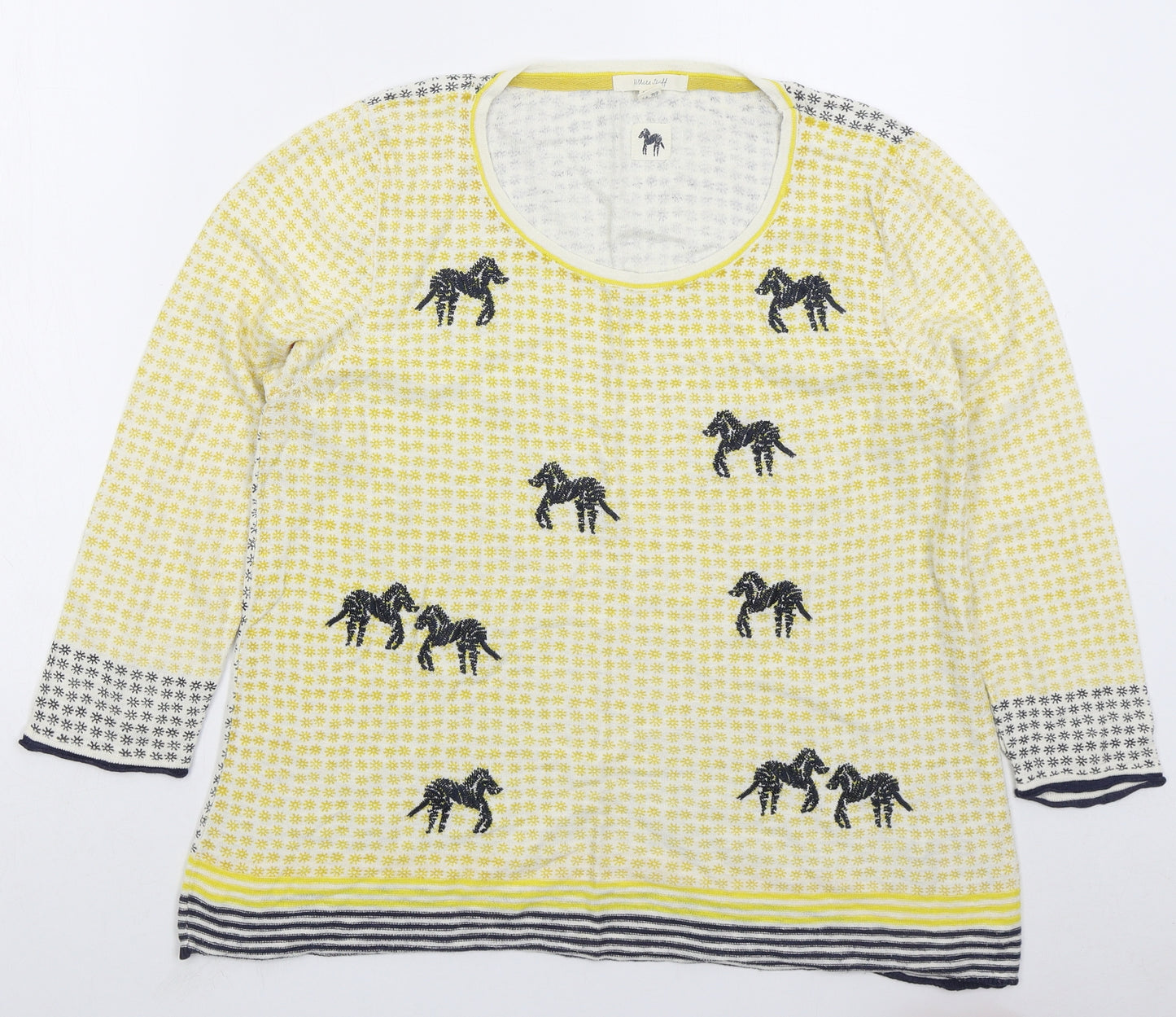 White Stuff Womens Yellow Round Neck Geometric Cotton Pullover Jumper Size 16 - Horses