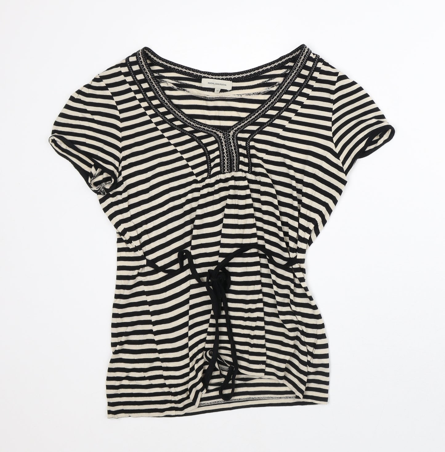 John Rocha Womens Beige Striped Viscose Basic T-Shirt Size 12 V-Neck