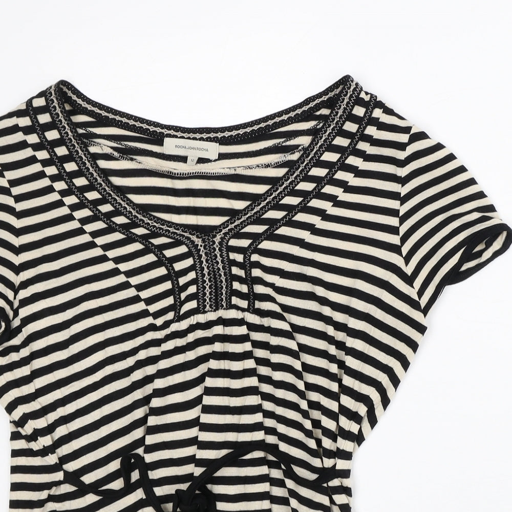 John Rocha Womens Beige Striped Viscose Basic T-Shirt Size 12 V-Neck