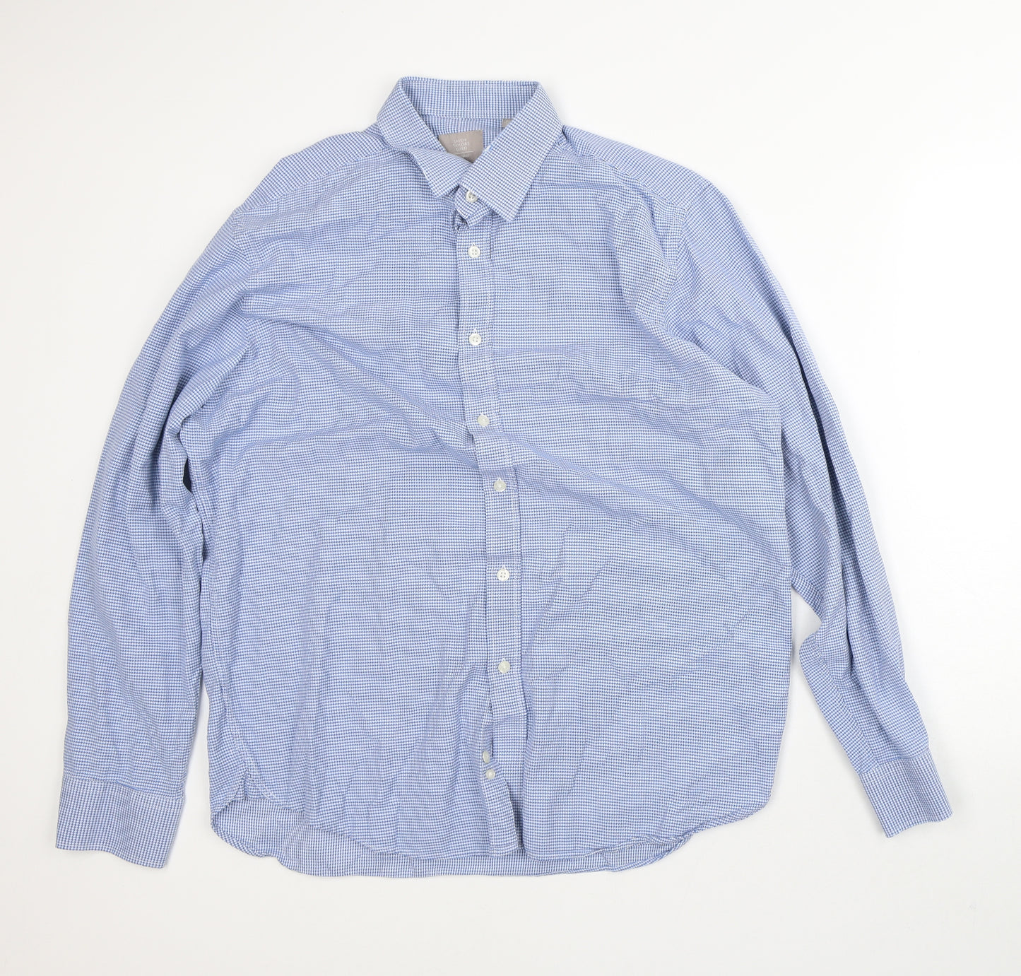 Moss Bros Mens Blue Houndstooth Cotton Dress Shirt Size XL Collared