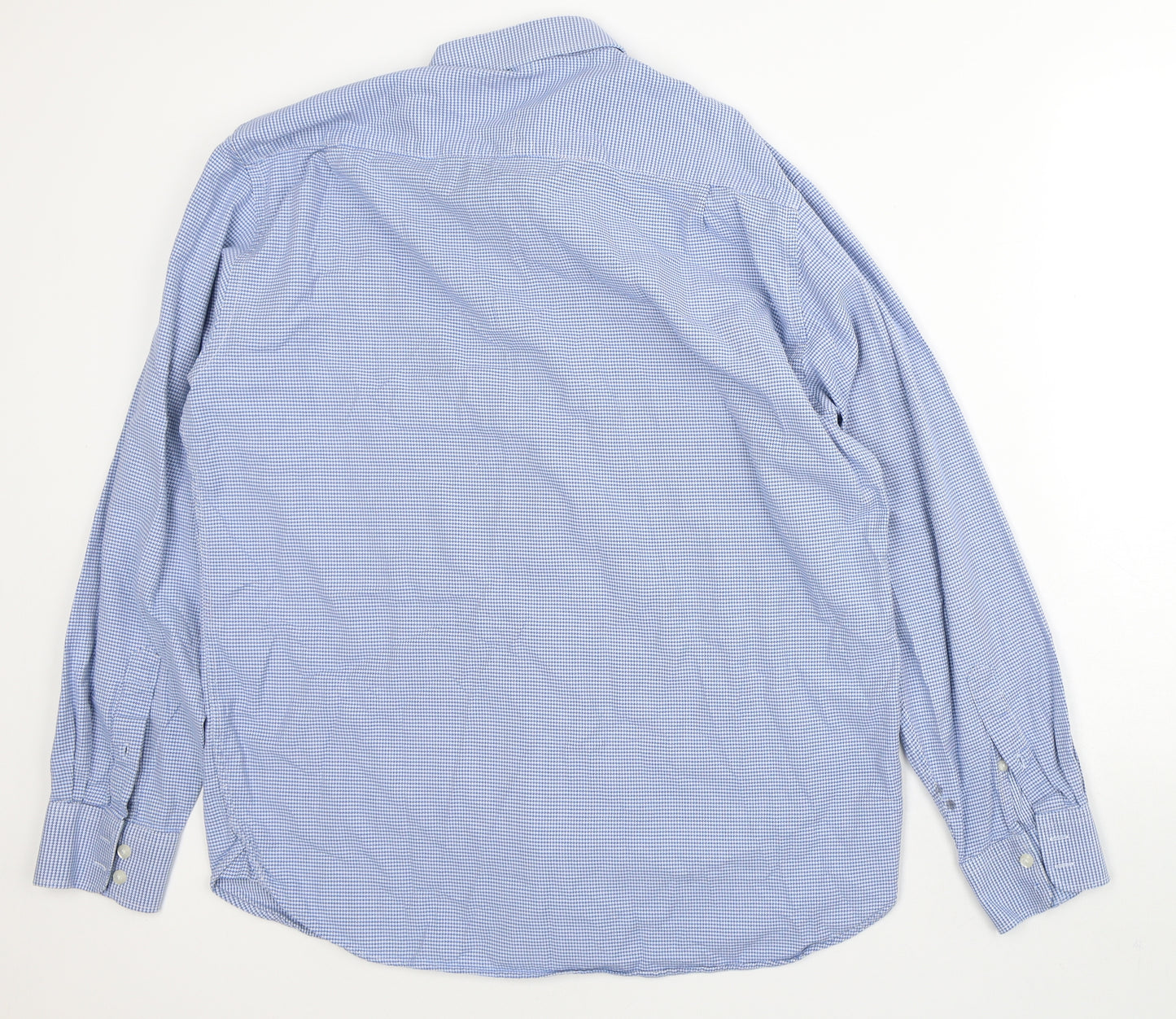 Moss Bros Mens Blue Houndstooth Cotton Dress Shirt Size XL Collared