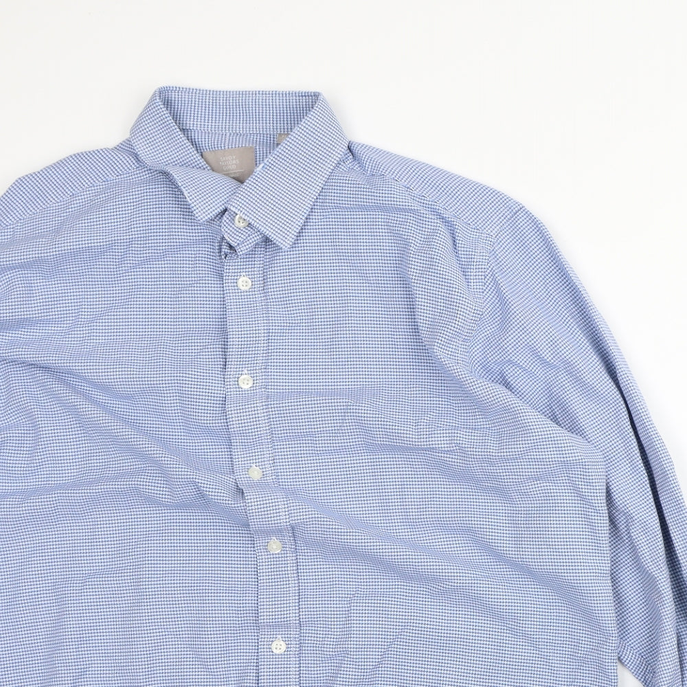 Moss Bros Mens Blue Houndstooth Cotton Dress Shirt Size XL Collared