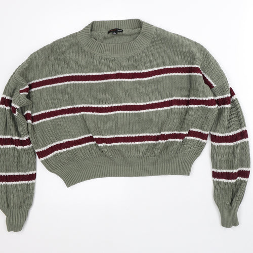 Ambiance Apparel Womens Green Mock Neck Striped Cotton Pullover Jumper Size L - Cropped