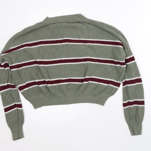 Ambiance Apparel Womens Green Mock Neck Striped Cotton Pullover Jumper Size L - Cropped