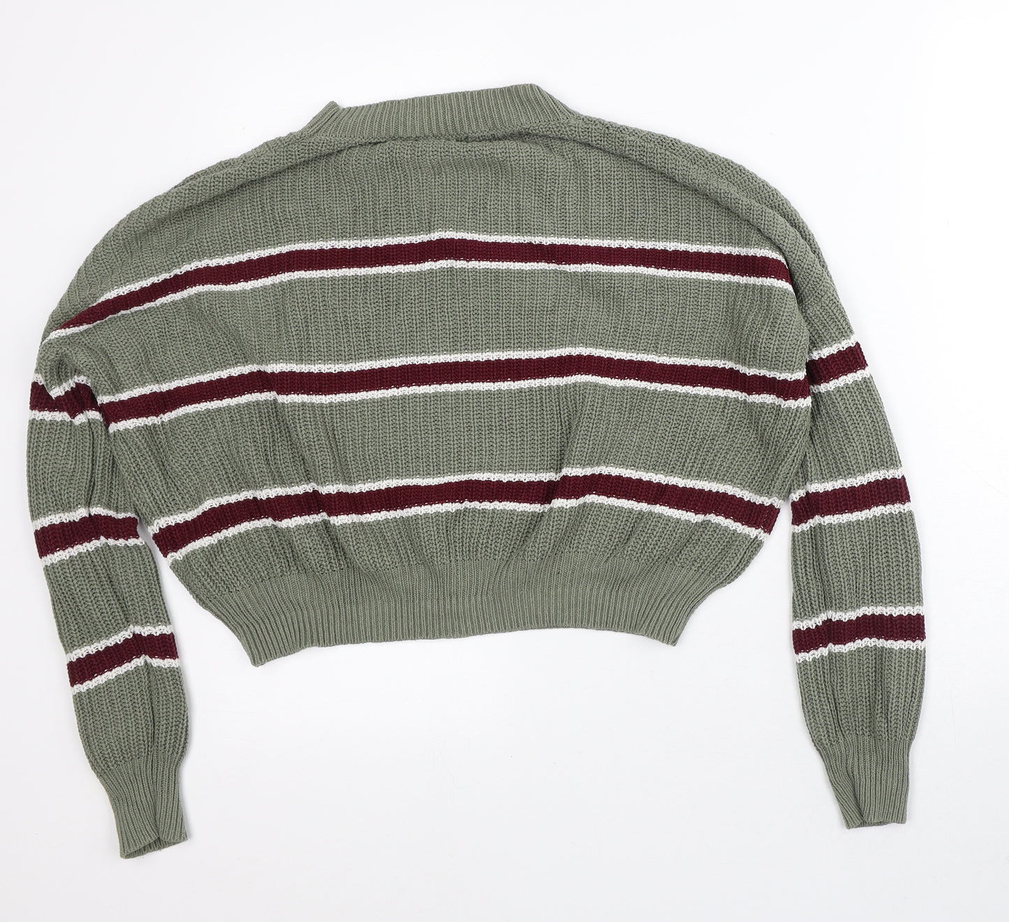 Ambiance Apparel Womens Green Mock Neck Striped Cotton Pullover Jumper Size L - Cropped