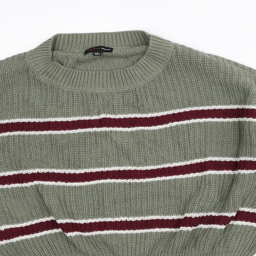 Ambiance Apparel Womens Green Mock Neck Striped Cotton Pullover Jumper Size L - Cropped