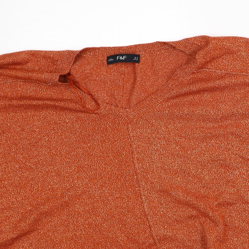 F&F Womens Orange Polyester Basic T-Shirt Size 8 V-Neck