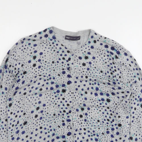 Marks and Spencer Womens Grey Round Neck Geometric Viscose Cardigan Jumper Size 14
