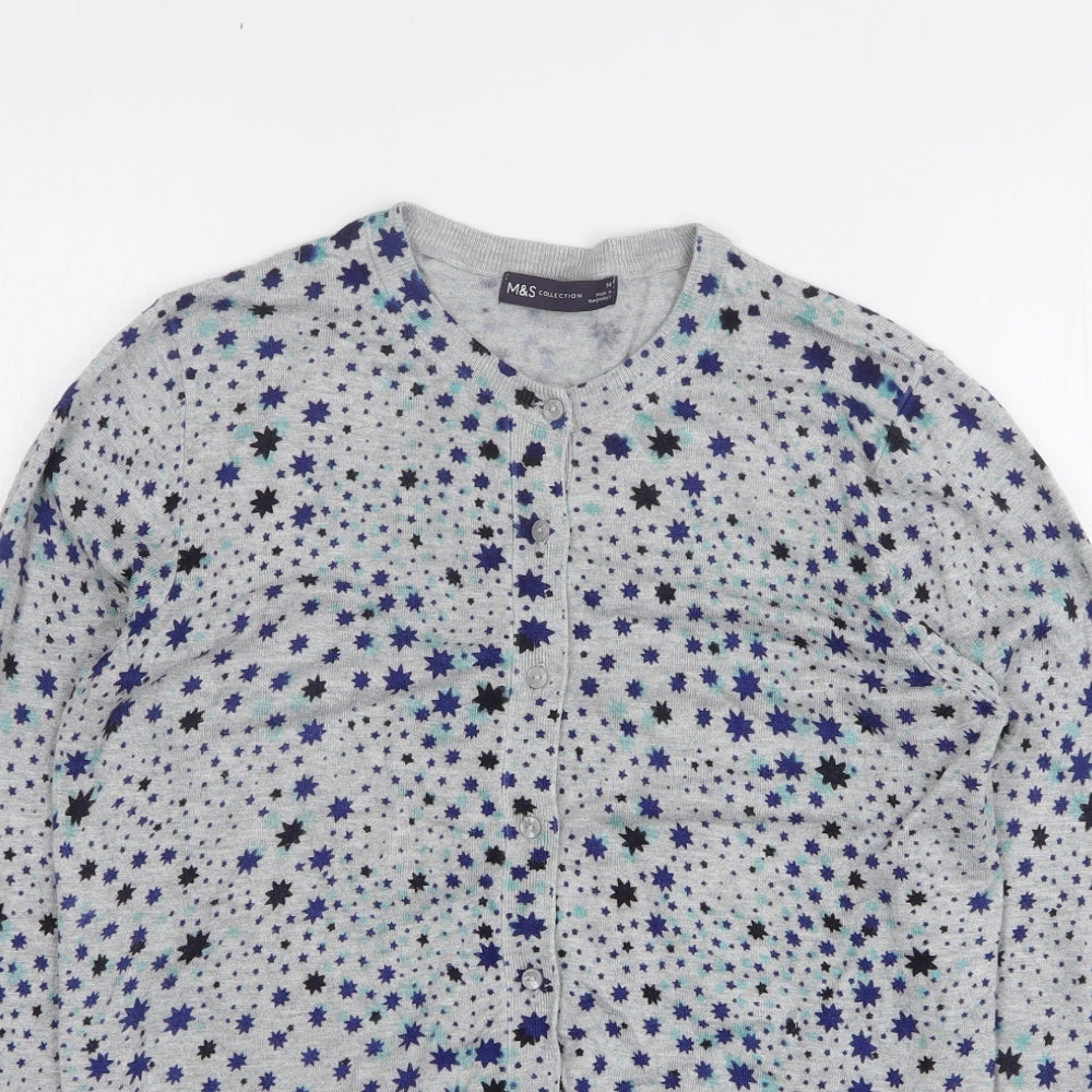 Marks and Spencer Womens Grey Round Neck Geometric Viscose Cardigan Jumper Size 14