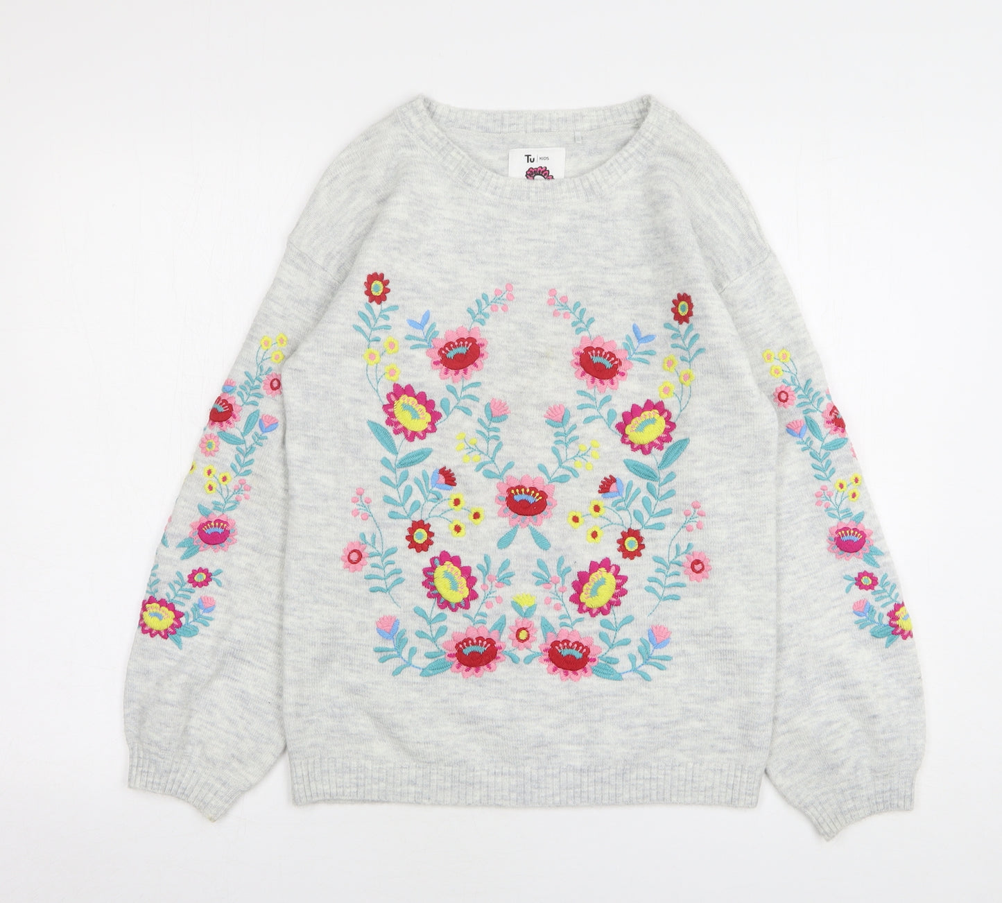 TU Girls Grey Round Neck Floral Acrylic Pullover Jumper Size 11 Years