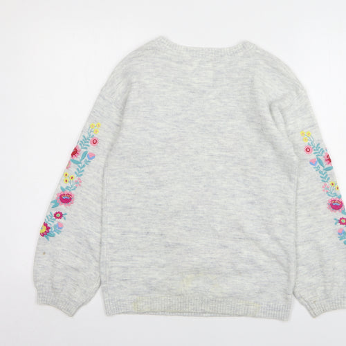 TU Girls Grey Round Neck Floral Acrylic Pullover Jumper Size 11 Years