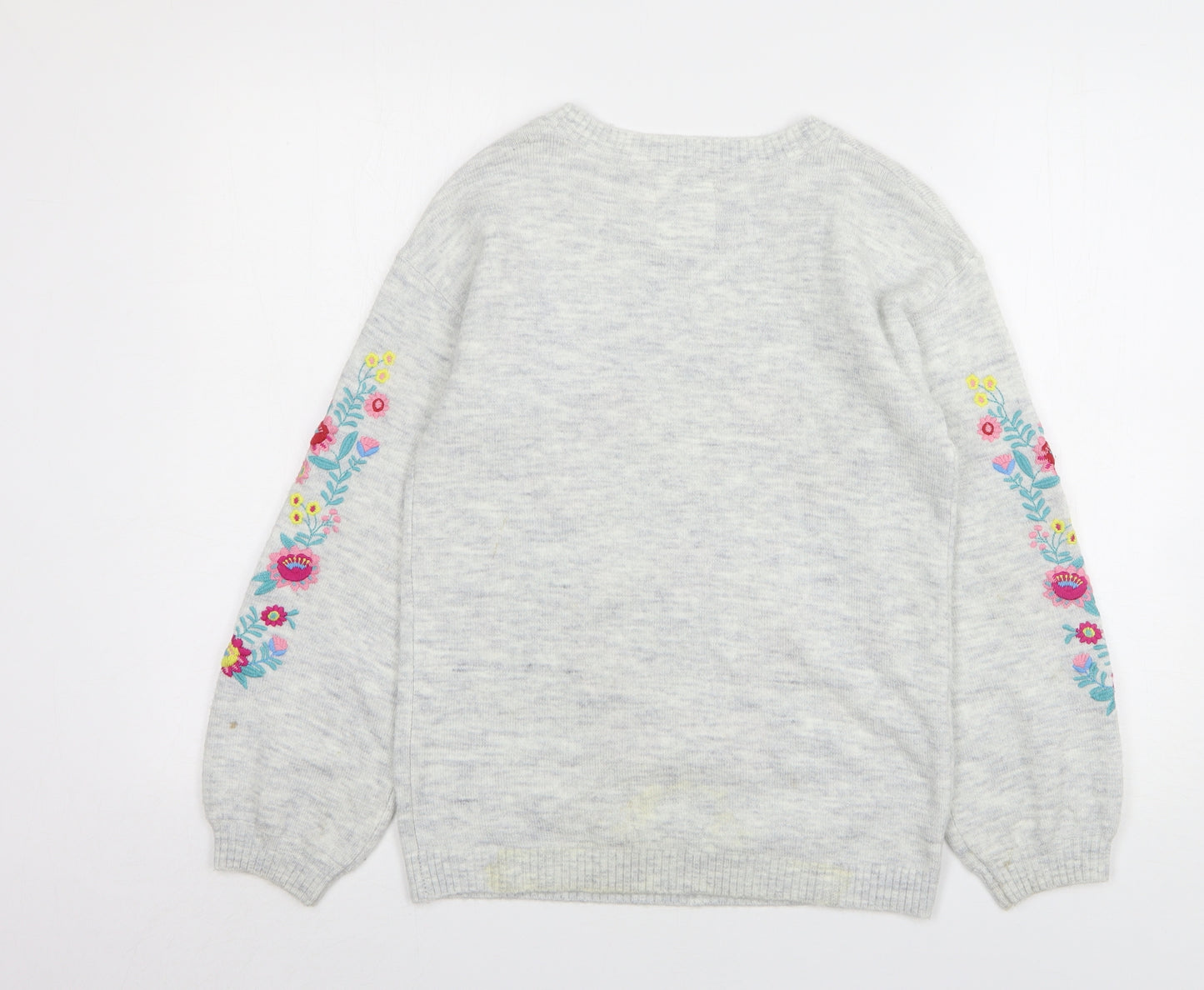 TU Girls Grey Round Neck Floral Acrylic Pullover Jumper Size 11 Years