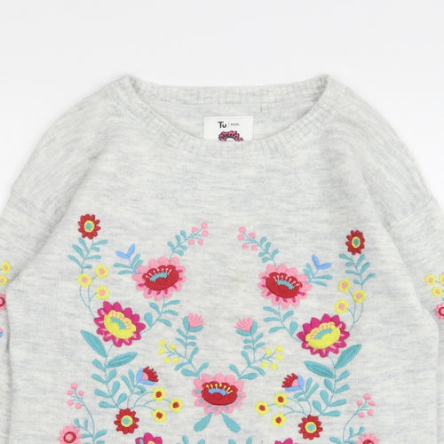 TU Girls Grey Round Neck Floral Acrylic Pullover Jumper Size 11 Years