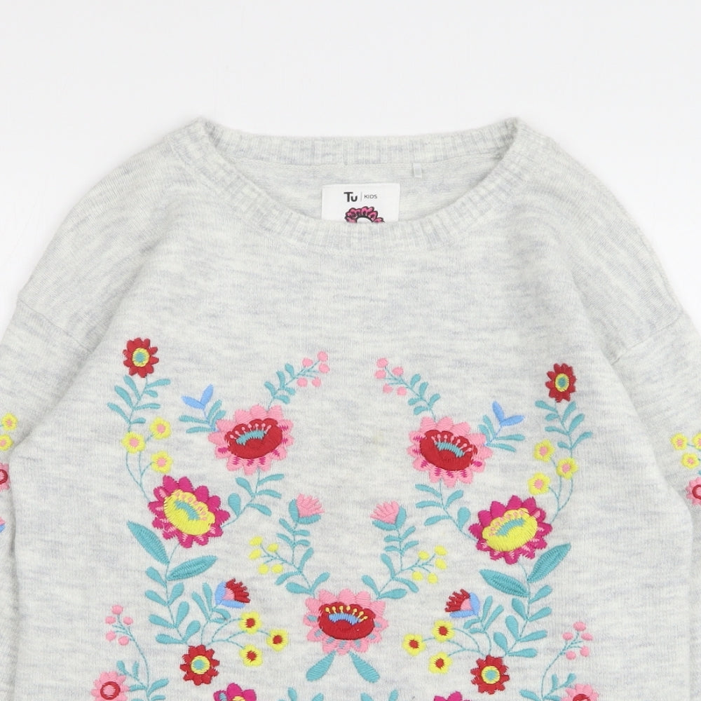 TU Girls Grey Round Neck Floral Acrylic Pullover Jumper Size 11 Years
