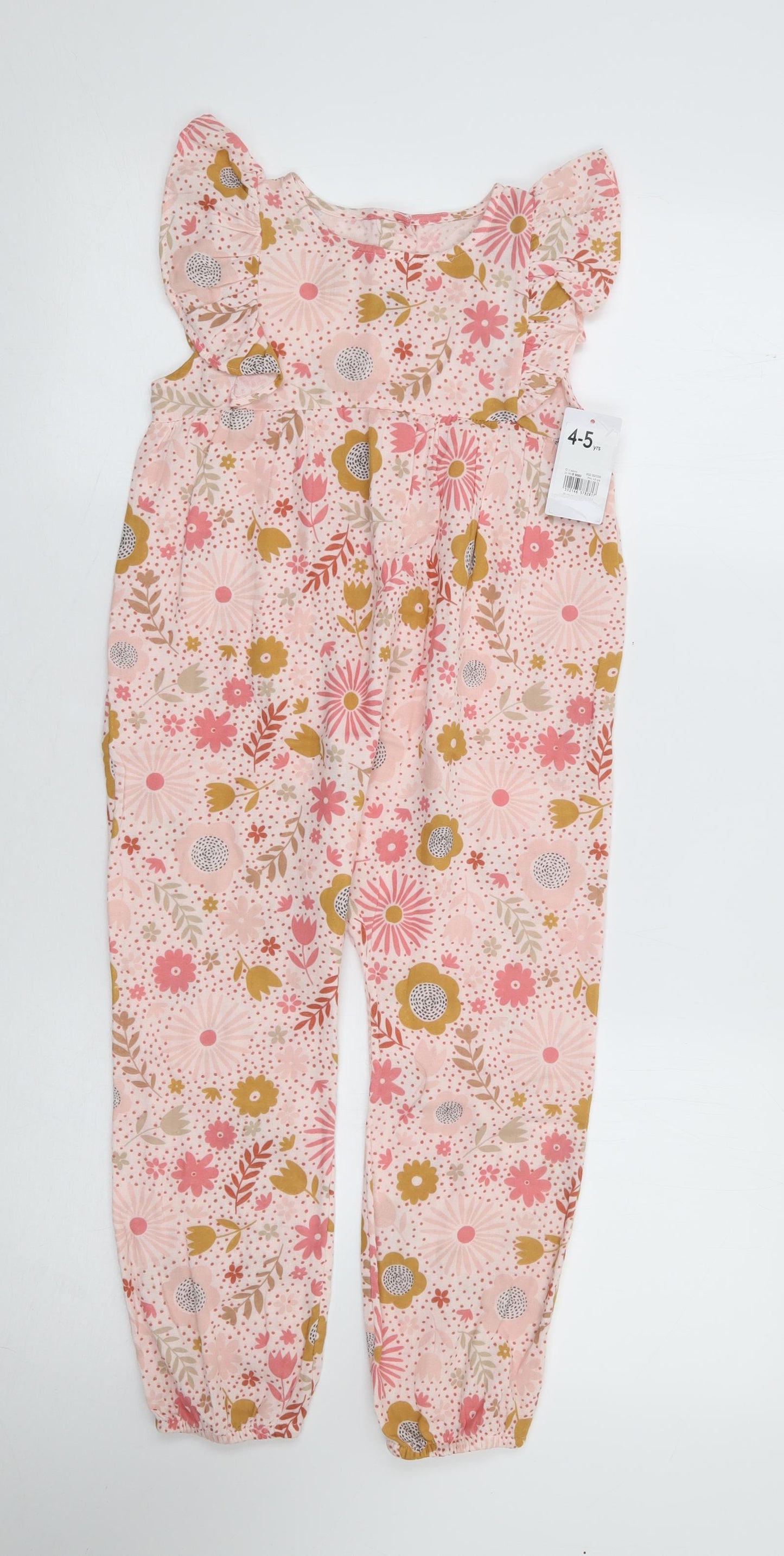 Mothercare Girls Pink Floral 100% Cotton Jumpsuit One-Piece Size 4-5 Years Button