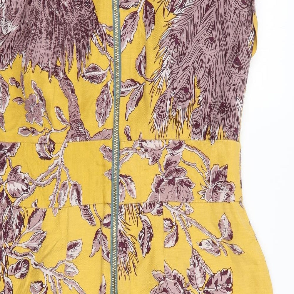 Joules Womens Yellow Geometric Flax A-Line Size 12 V-Neck Zip