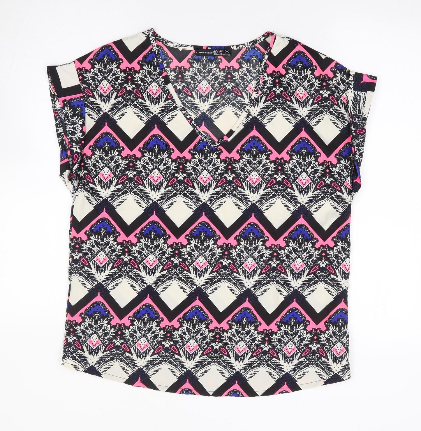 Primark Womens Multicoloured Geometric Polyester Jersey T-Shirt Size 12 V-Neck