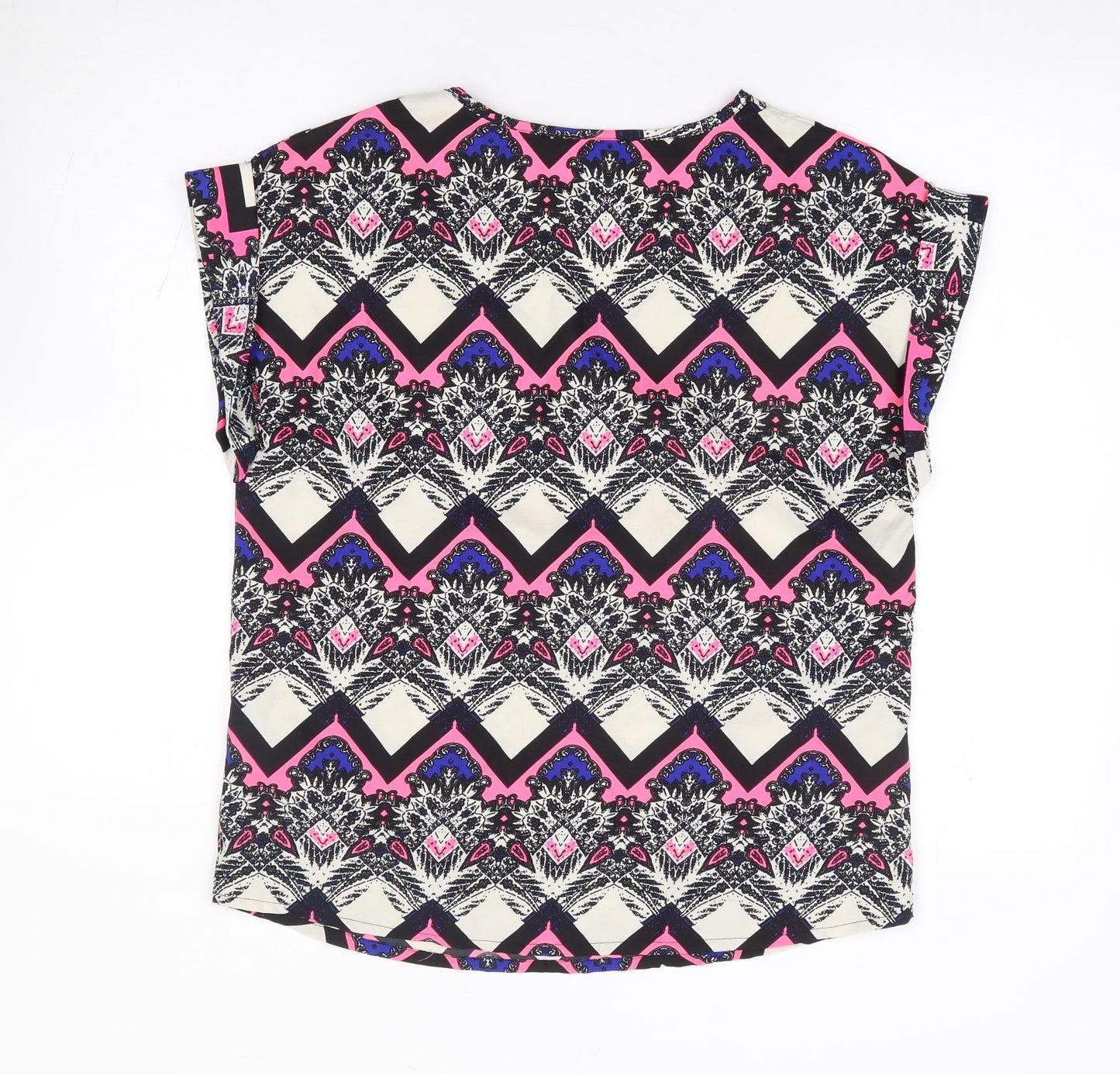 Primark Womens Multicoloured Geometric Polyester Jersey T-Shirt Size 12 V-Neck