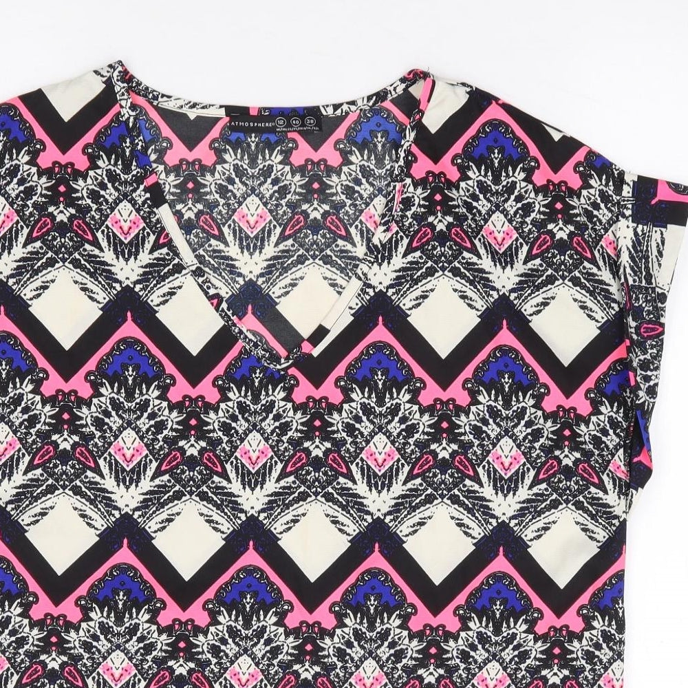 Primark Womens Multicoloured Geometric Polyester Jersey T-Shirt Size 12 V-Neck