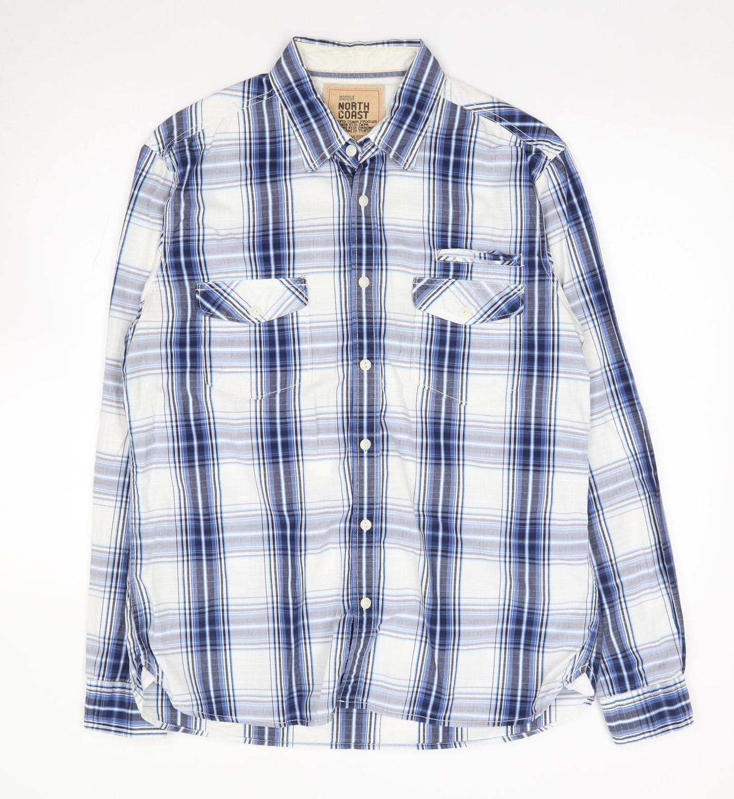 Marks and Spencer Mens Blue Plaid Cotton Button-Up Size L Collared Button